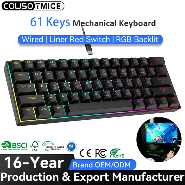 OEM Gaming Keyboard 60 Percent Gamer Teclado Compact 60% 61 Keys RGB Backlit Computer PC Wired Red Switch Mechanical Keyboard