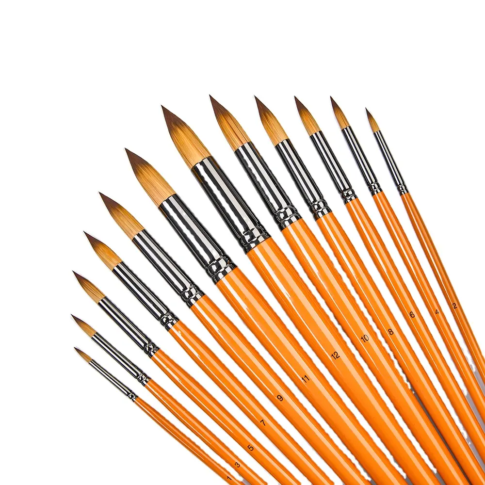 Wholesale 12pcs Orange Wood Nylon Hair Paint Brushes Round Shape Artist Paint Brush For Watercolor Acrylic Painting