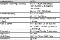 Antenne patch interne en céramique GNSS L1 L2 GPS GLONASS BeiDou Galileo RHCP 50 Ohm D398STATPGGBL2R2580A