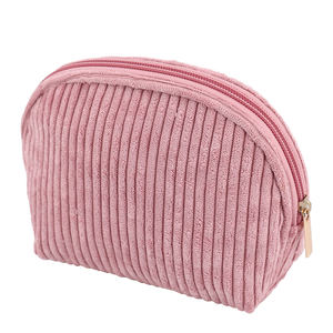 Logotipo personalizable ancho de pana a rayas terciopelo maquillaje cosmético media luna utilidad cremallera bolsa para dama - Product Image 5