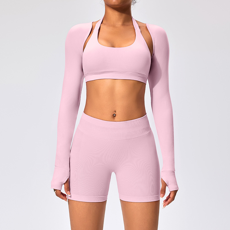 Light rose pink shorts, shawl, and bra three-piece set