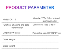 YESIDO kabel Data pengisian daya cepat, kabel Data Tipe C ke IP 27W, kabel Data logam paduan aluminium 3 Meter untuk IP CA115
