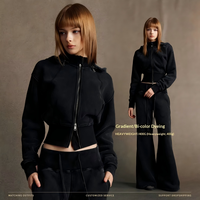 Hoodie Crop Slim Fit Wanita dengan Ritsleting, Lapisan Fleece 400G, Hoodie Lepas Pasang, Gaya Vintage, Jaket Sweat Street Style, Tersedia Custom