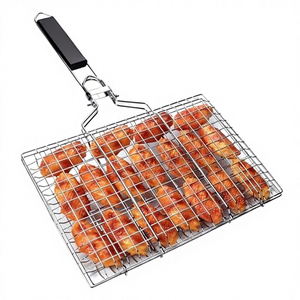 Stainless Steel Folding Grill Basket for Fish <b>Vegetables</b> Shrimp-Portable Removable Handle Basting <b>Brush</b> - Product Image 1