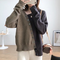 Nouveau Cardigan en Maille Asymétrique à Boutons Diagonaux Color Block pour Femme, Collection Printemps-Automne 2026, Style Coréen Oversize à Manches Longues, Vente en Gros