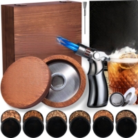 Kits de fumage pour whisky, ensemble d'outils de bar |   Torche à quatre flammes en bambou et boîte cadeau avec 6 copeaux de bois |   Sans butane |   Barman