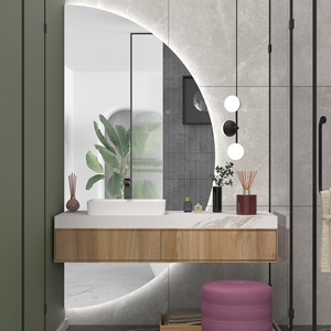 Sang trọng tùy chỉnh lớn màn hình cảm ứng trang trí Nội Thất Tường Quảng Đông nửa mặt trăng led phòng tắm Vanity tắm bạc gương với ánh sáng ánh sáng - Product Image 2