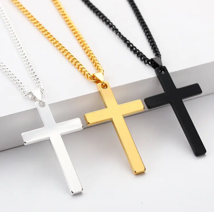 أزياء الذهب الفضة الأسود الفولاذ المقاوم للصدأ وصلة سلسلة يسوع الصليب قلادة قلادة للنساء الرجال زوجين صديق الصلاة مجوهرات