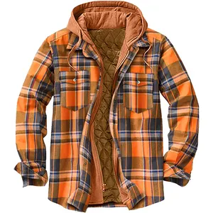 Hot Sale Men'S Hooded Flannel Jacket Ropa Hombre Mens Quilted Lined Button Down Plaid Flannel Shirt Jacket