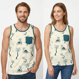Camiseta sin mangas con estampado tropical para hombre, chaleco informal de algodón con cuello redondo y bolsillo para verano - Product Image 1