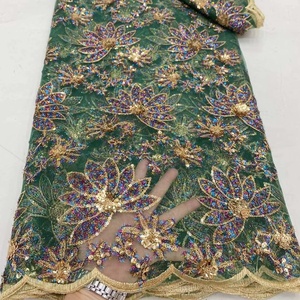 レッドチュールゴールデンスパンコール刺繍レディースアフリカレース生地パーティードレス - Product Image 2