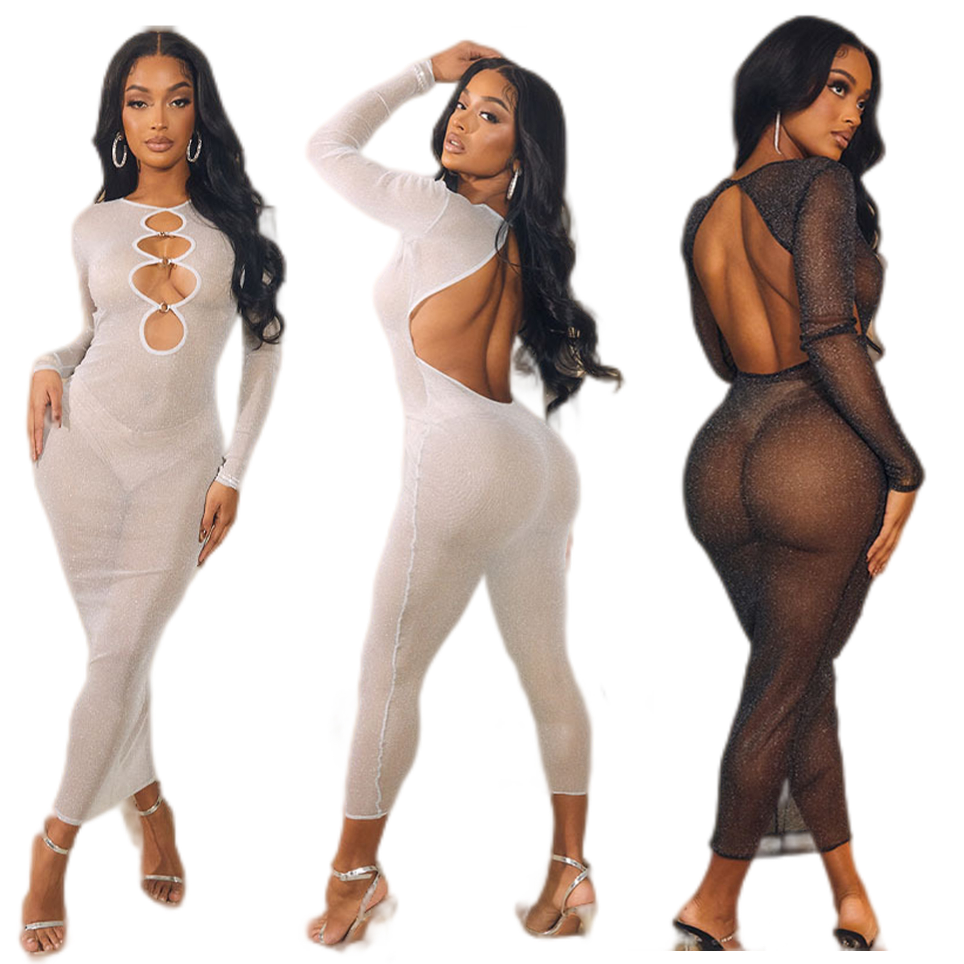 Однотонное Прозрачное платье средней длины с открытой спиной и длинным рукавом