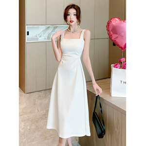 White Square Neck <b>Slip</b> Dress Women Summer 2025 Long Skirt Natural Waist Party Casual Elegant Style - Product Image 4