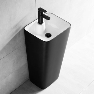Black <b>Round</b> Ceramic Pedestal <b>Basin</b> Floor Standing Single Hole Smooth Finish Bathroom Sink - Product Image 4