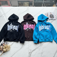 Hoodie Zipper-Up Distressed Berbahan Katun dengan Puff Printing untuk Streetwear Musim Dingin, Hoodie Custom