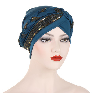Hijab pañuelo para la cabeza envoltura árabe musulmán trenzado trenza <span class=keywords><strong>turbante</strong></span> gorra Bandanas <span class=keywords><strong>turbante</strong></span> africano con lentejuelas trenza <span class=keywords><strong>turbante</strong></span> sombrero para mujer - Product Image 5