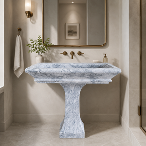 Poulars Wholesale Luxury lavabo autoportant en pierre naturelle et marbre Arabescato Corchia, avec piédestal en pierre artificielle - Product Image 1