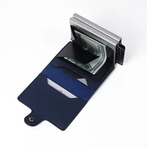 Werks lieferung Frauen Männer PU Leder Blau Karten halter Pop-up Aluminium gehäuse Kreditkarten halter Brieftasche Geld klammer