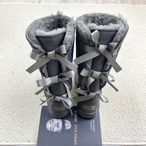 Botas de nieve impermeables de caña alta para tallas grandes, con detalle de lazo, forro de cuero genuino, forro de felpa y piel sintética, suela de EVA ligera. - Product Image 5