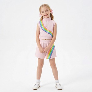 Completo da bambina <span class=keywords><strong>con</strong></span> top corto senza maniche e pantaloncini in tessuto waffle, casual, tinta unita, ecologico, per <span class=keywords><strong>la</strong></span> spiaggia - Product Image 1
