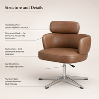 Chaise pivotante robuste à base croisée en cuir marron premium, siège large, dossier et appui-tête réglables en hauteur, pour bureau et maison