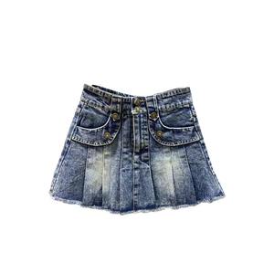 Novedad de verano <span class=keywords><strong>para</strong></span> niñas, Falda vaquera plisada con cintura elástica, versión coreana 2025, falda acampanada antigua, Falda corta con borde crudo - Product Image 6