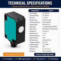 Sensor de Detección Directa Ultrasónico UB100-F77-E2-V31, Salida PNP de 24 V CC, IP67 para Automatización Industrial, CE RoHS