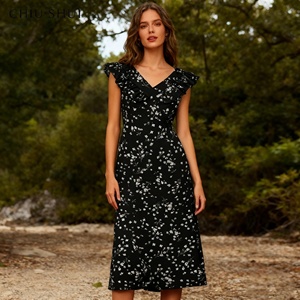 Stilvolles ärmelloses Kleid mit Blumenmuster für Frauen Elegantes Midi kleid mit Rüschen und V-Ausschnitt und schmalem Design - Product Image 1