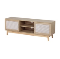 Meuble TV en bois blanc laqué brillant avec 2 armoires de rangement et étagères ouvertes pour salon