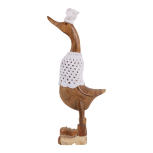 Statuetta di anatra in legno di teak con cappello lavorato a maglia e stivali per decorazioni domestiche - Product Image 5
