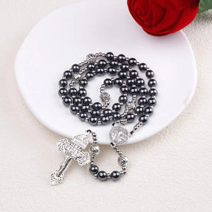 Collier de prière polyvalent en hématite de 8 mm, <span class=keywords><strong>chapelet</strong></span> religieux haut de gamme, collier de perles lourd et tendance - Product Image 6