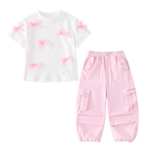 2025 nouveau été enfants <span class=keywords><strong>fille</strong></span> noir blanc nœuds chemise + rose <span class=keywords><strong>Cargo</strong></span> <span class=keywords><strong>pantalon</strong></span> 2 pièces tenue décontractée ensemble - Product Image 6