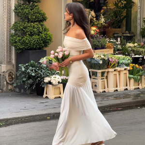 Của phụ nữ lãng mạn sang trọng màu be satin giống như off-vai Ruched Ngắn Tay Áo Bodycon nàng tiên cá maxi dịp đặc biệt Ăn mặc - Product Image 4