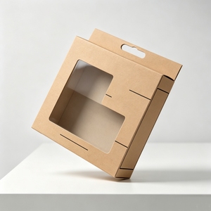 Caja de regalo cuadrada de papel kraft con ventana transparente de PVC y asa autoarmable para cable USB y estuche de teléfono - Product Image 1