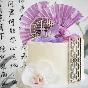 Honey And Sweetness Chinese Style Cake Decoration Acrylic Orchid Fan Wooden Screen Insert For Wedding Cake Topper - Product Image 4