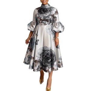 Elegante Abito Floreale a Collo Alto con Maniche a Bolla, Vestito a Trapezio <span class=keywords><strong>per</strong></span> Casa, Lavoro e Feste - Product Image 2