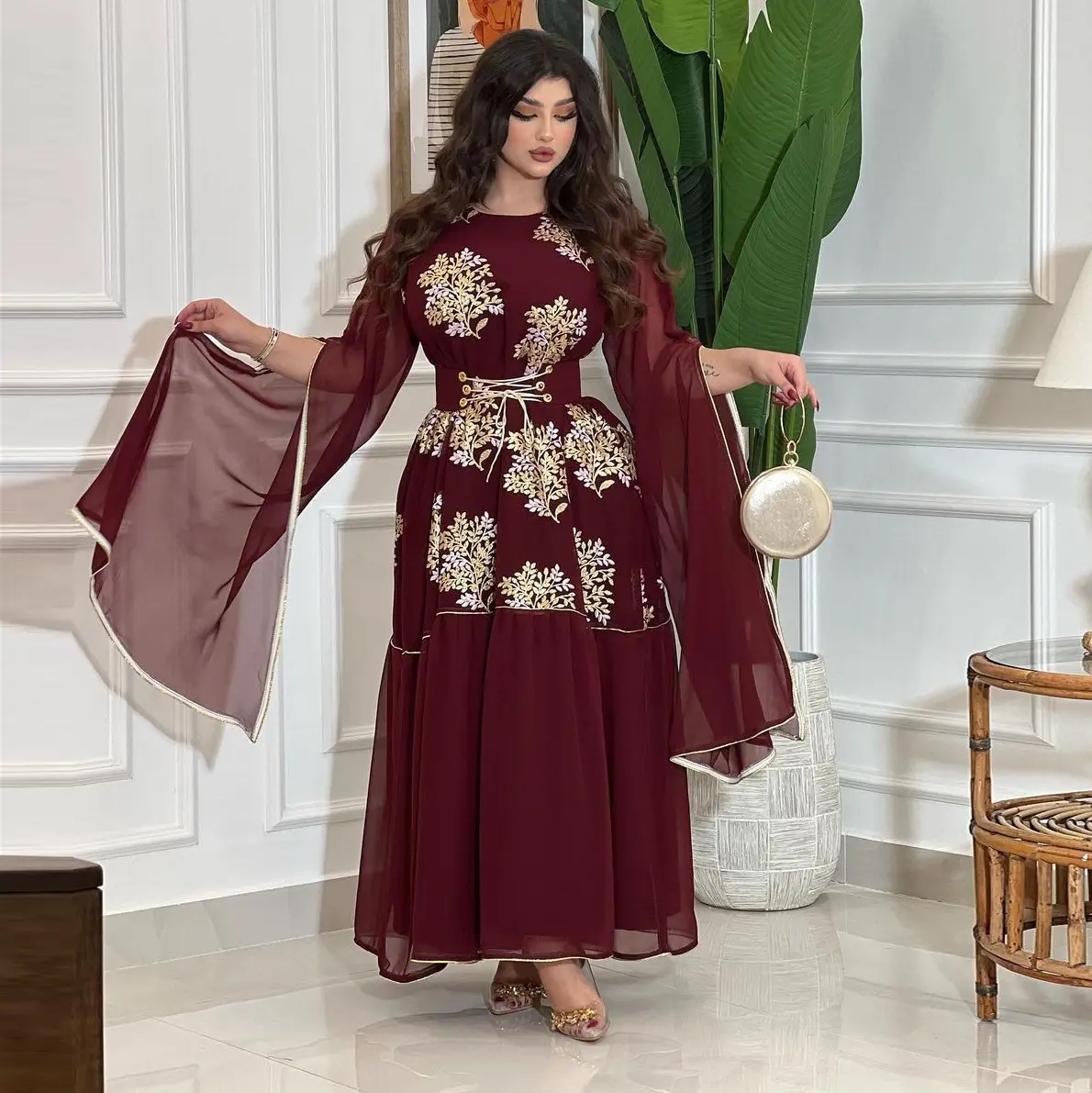 2022 new Middle East women's clothing Arab clothing Muslim women's clothing mesh covered meat large sleeve Dubai abaya for sale