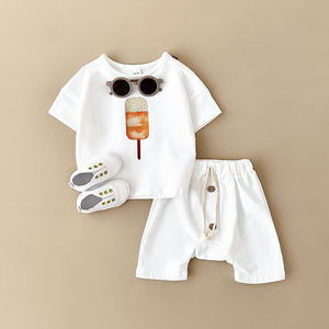 Kaus dan celana pendek kasual 2 potong, kaus lengan pendek es krim motif matahari untuk anak laki-laki/perempuan bergaya Vintage musim panas - Product Image 4