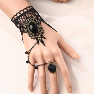 Black Lace Choker <b>Necklace</b> With Gemstone Pendant And Chain <b>Ring</b> For Party Fashion Jewelry - Product Image 2