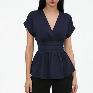Women's V-Neck Peplum <b>Top</b> Short Sleeve Smocked Waist Casual Blouse Shirt Fashion - Product Image 3