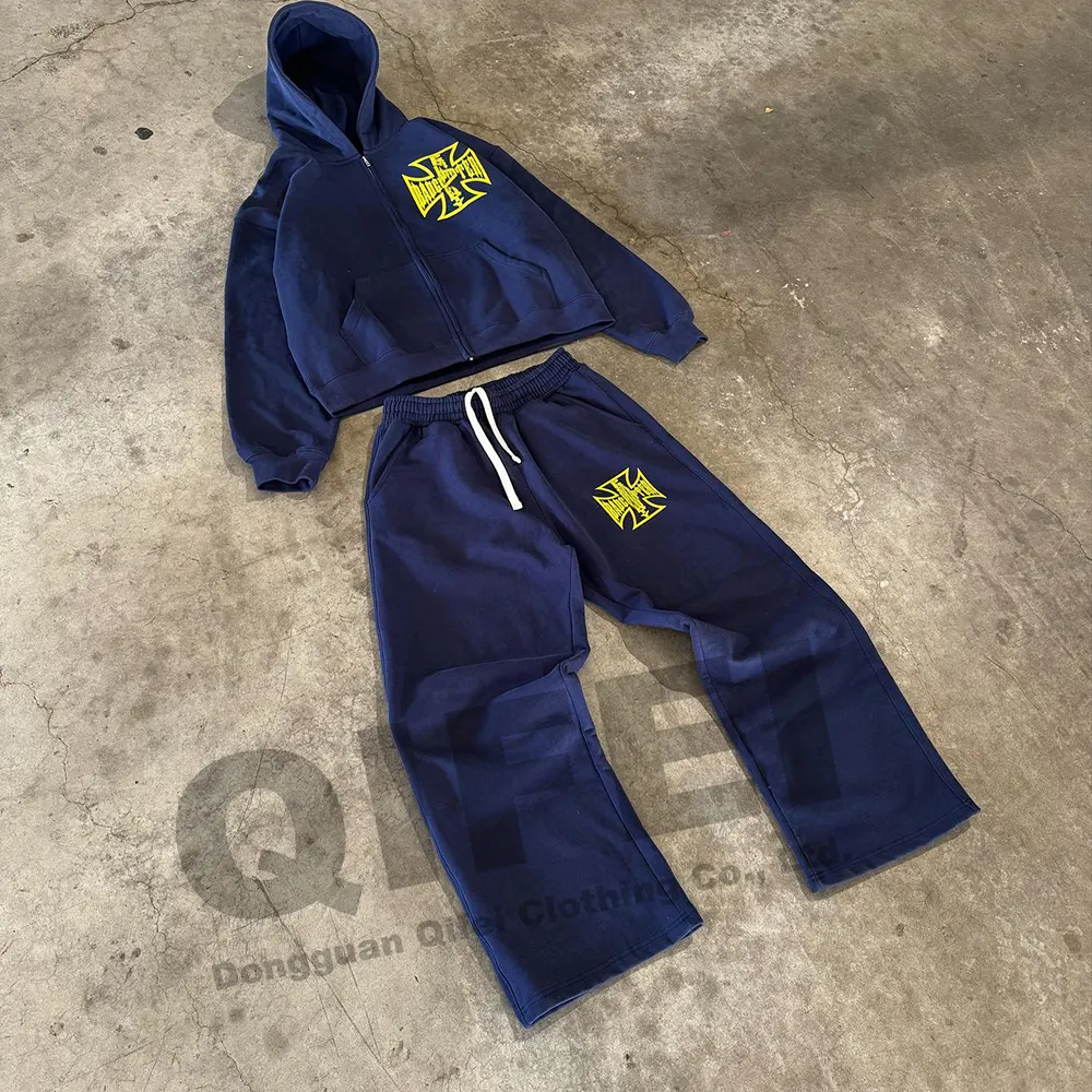 Custom vintage zip up hoodie and sweatpants jogger two piece set screen dtg print sweat suit acid wash men tracksuits