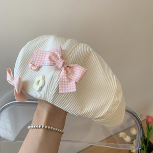 Cotton <b>Beret</b> With Butterfly Knot And Print Design For Spring Autumn Wear - Product Image 3