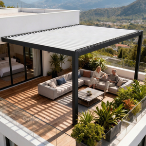 Pérgola motorizada con techo a dos aguas <span class=keywords><strong>de</strong></span> 10 x 14 pies (4x3 m) para exteriores, con estructura <span class=keywords><strong>de</strong></span> lamas y puerta <span class=keywords><strong>de</strong></span> vidrio impermeable. - Product Image 1