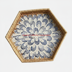 Plateau de service élégant en rotin hexagone avec incrustation de coquillages Plateau de rangement tissé décoratif pour la décoration intérieure Boissons Snacks & Fruits - Product Image 1