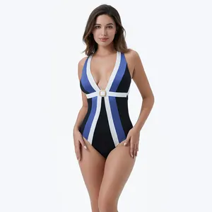 V boyun mayo Bikini tedarikçisi tek parça mayo özel Beachwear renk blok mayo üreticisi