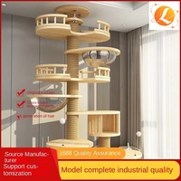 Arbre à chat de style japonais en bois massif, structure d'escalade au sol et au plafond, avec poteau central, plateformes de saut, niches, griffoir en sisal pour chats