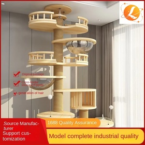 Árbol rascador para gatos de estilo japonés, de madera maciza, con estructura de suelo a techo, poste central, plataformas de salto, nidos tipo condomínio y rascador de sisal - Product Image 3