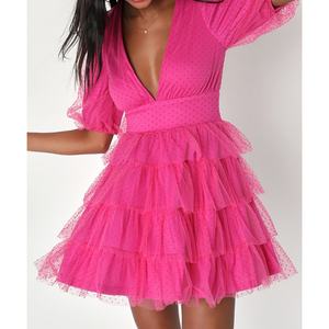 Vestido de Mujer al por Mayor, Personalizado, OEM, de Alta Calidad, con Estampado de Puntos, Color Sólido, Cuello en V, Manga Abullonada de Tul, Multicapa, Mini - Product Image 4