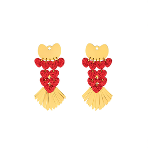 Fashion Drop Earrings PVD Gold Plated 316L Stainless Steel <b>Red</b> <b>Glitter</b> Layers Heart Top Fan Dangle Design - Product Image 2