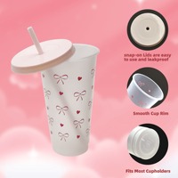 6pcs gobelet en plastique durable à arc rose avec couvercle et paille réutilisable PP tasse de jus d'eau transparente pour la fête d'anniversaire